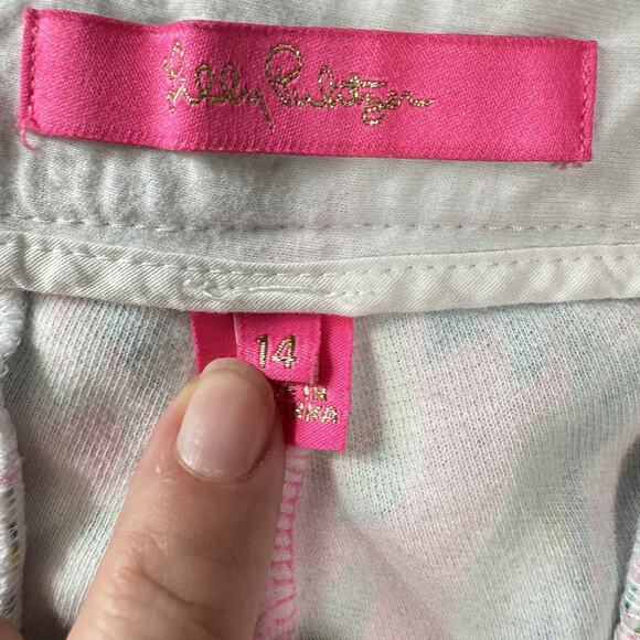 Lilly Pulitzer Buttercup Scallop Hem Shorts Sz 14 Pink Green Stretch Tropical - Picture 6 of 11
